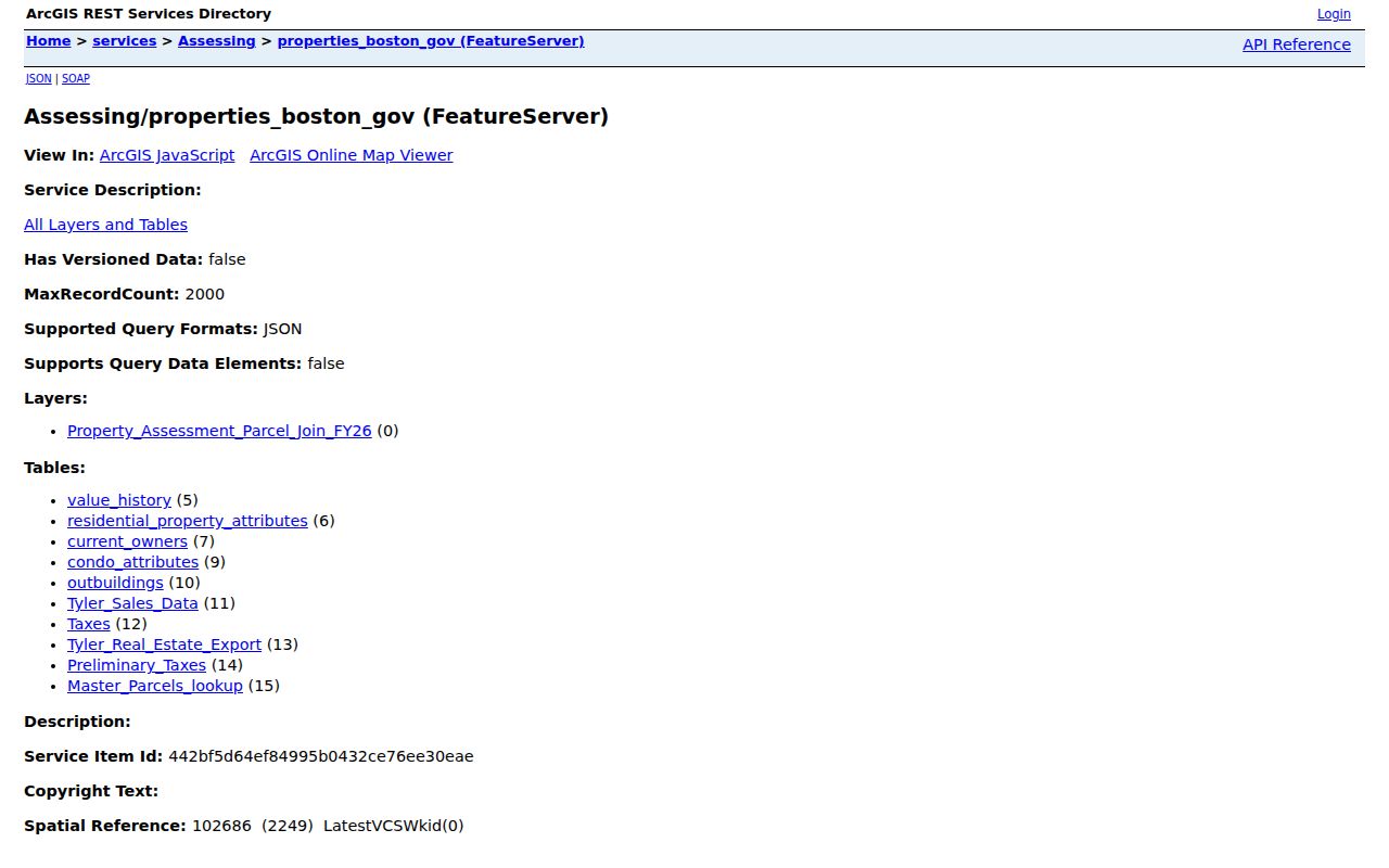 Boston neighbors assessing FeatureServer with parcel and owner data layers