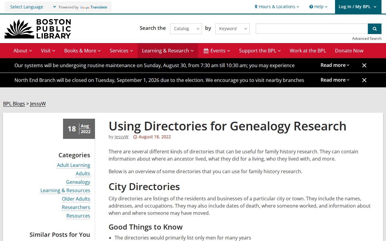 Boston previous residents directory genealogy guide from Boston Public Library